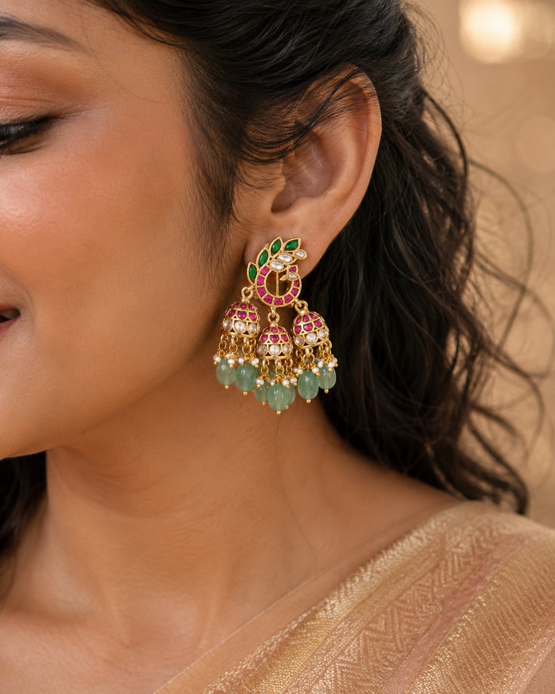 jadau kundan jhumka earrings styled with Indian occasion wear – view 2