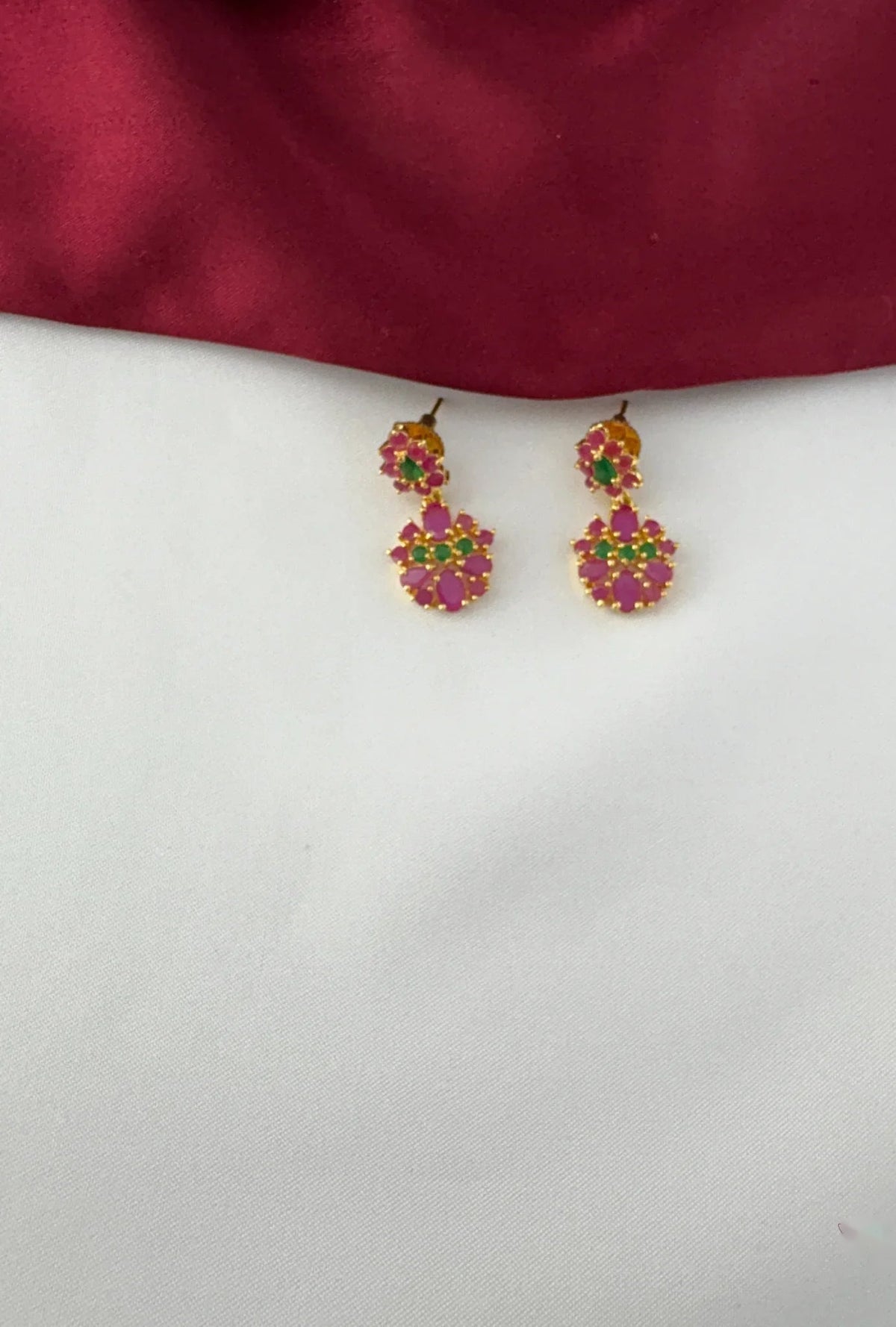 Regal Bloom Floral Necklace Set with Ruby and Emerald Accents – Gold Plated Ruby Emerald Floral Earrings - Close-up – view 3