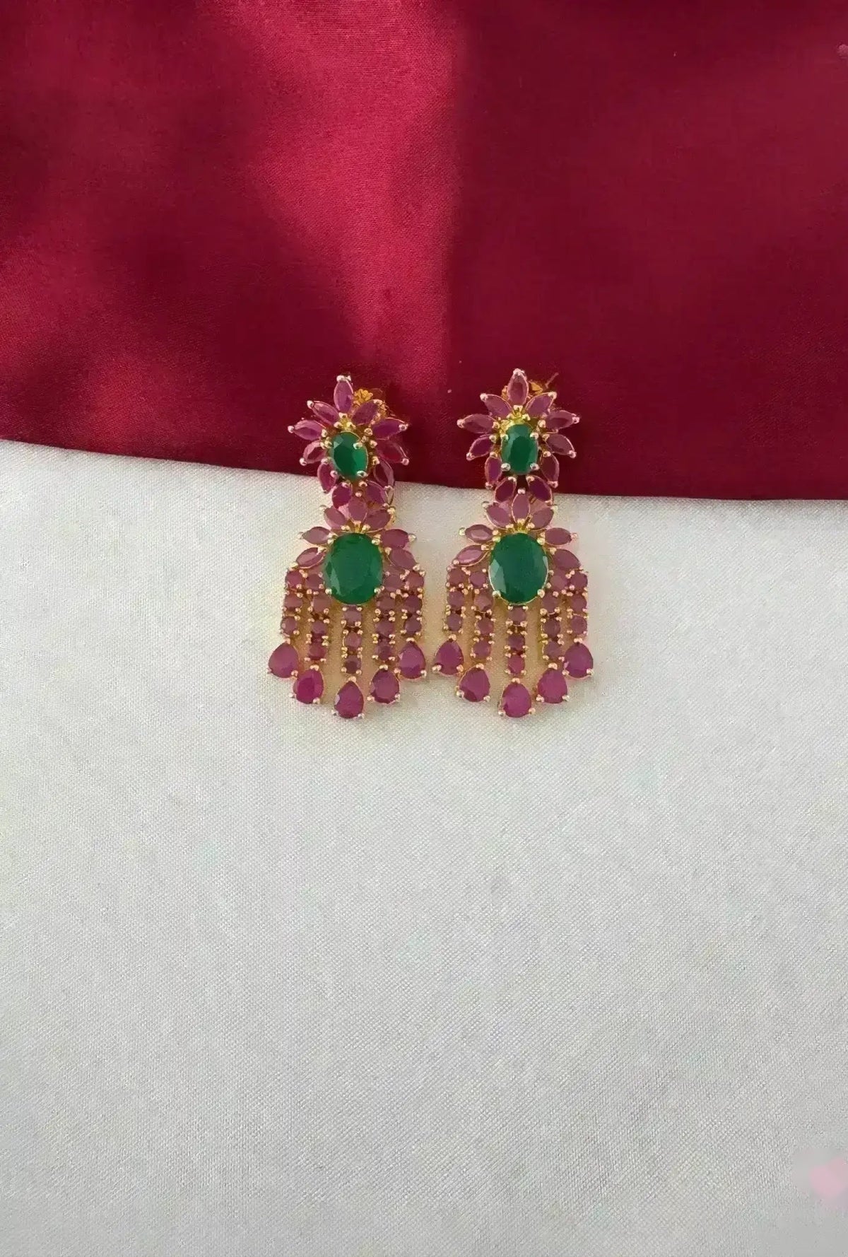 Regal Petal Drop Necklace Set with Ruby and Emerald Accents – Gold Plated Ruby Emerald Petal Drop Earrings – view 3