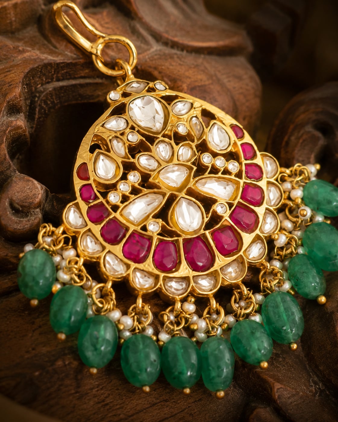 round fan green bead jadau kundan maang tikka maang tikka only styled with saree fabric – view 4