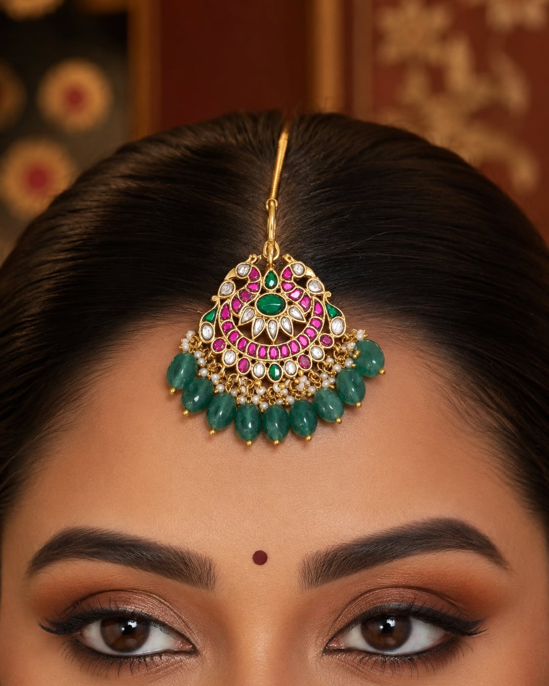 round fan green drop jadau kundan maang tikka maang tikka only on jewellery display – view 2