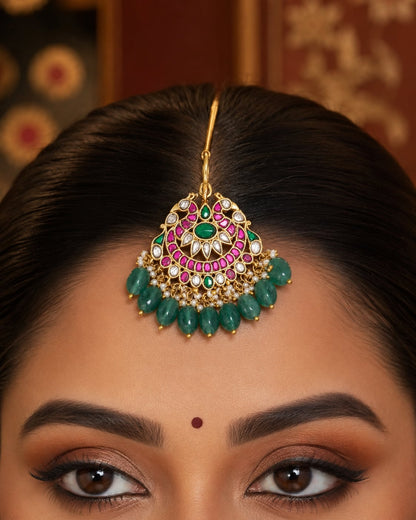 round fan green drop jadau kundan maang tikka maang tikka only on jewellery display – view 2