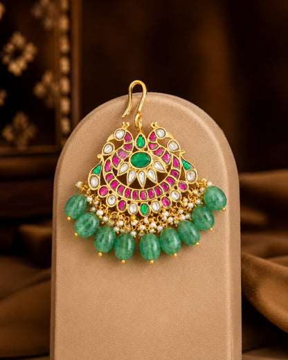 round fan green drop jadau kundan maang tikka maang tikka only front view