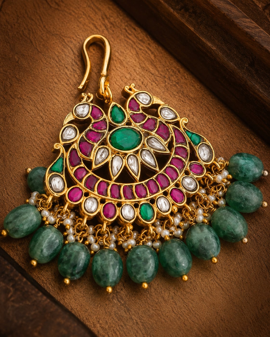 round fan green drop jadau kundan maang tikka maang tikka only styled with saree fabric – view 4