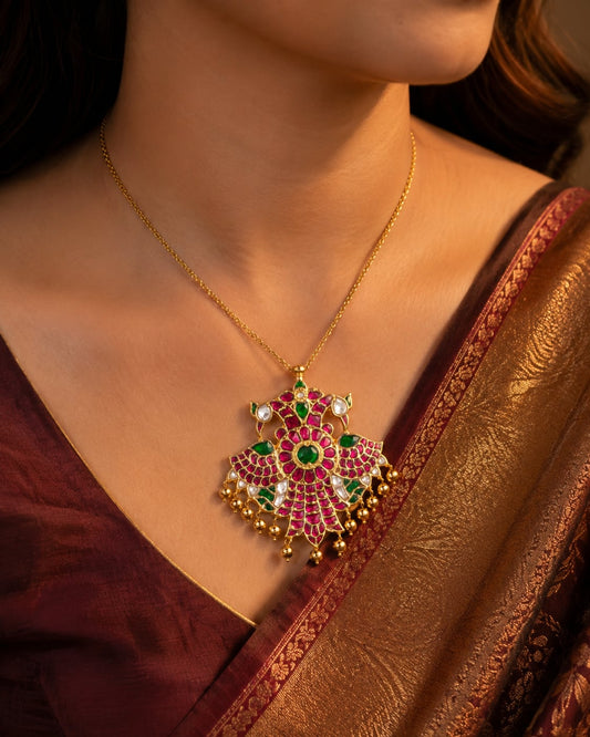 jadau kundan Twin Bird Gandaberunda-Inspired Pendant - wearing-scale view – view 2