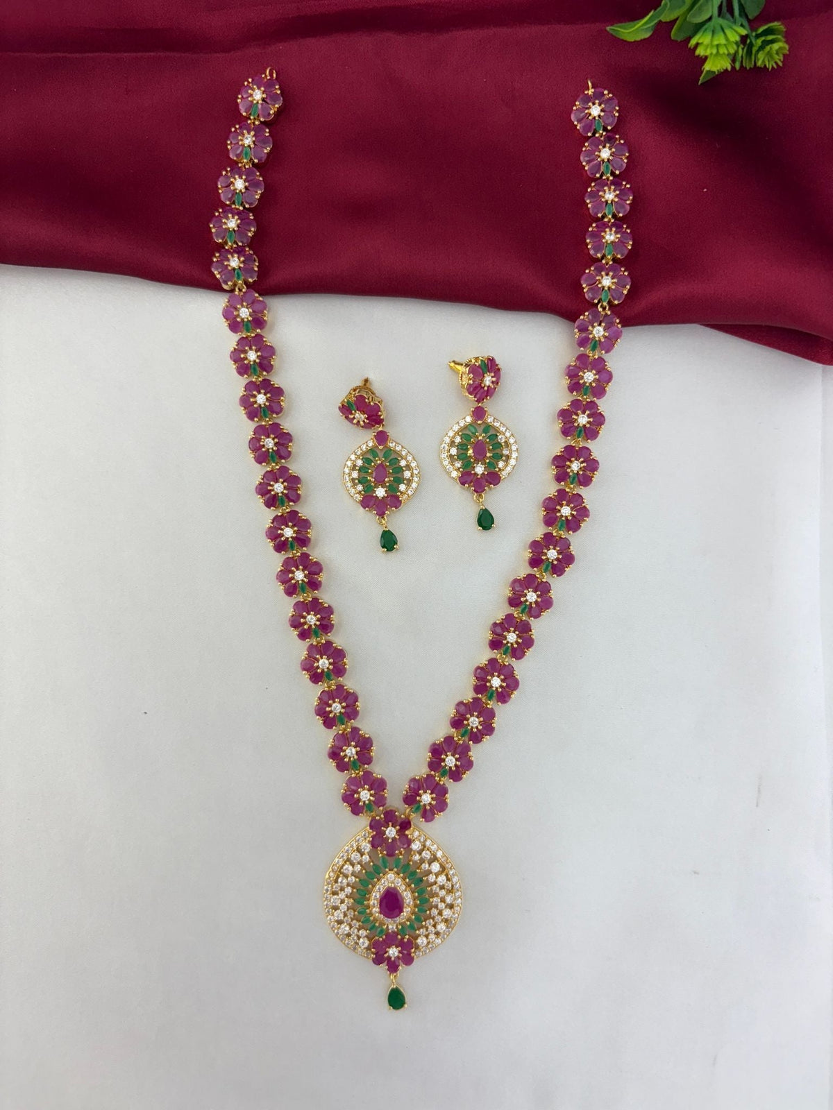 Ruby Emerald AD Long Necklace & Earring Set – traditional gold-plated ruby, emerald, and AD stone necklace and earring set