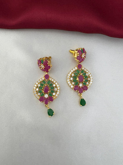 Ruby Emerald AD Long Necklace & Earring Set – close-up of gold-plated earrings with ruby, emerald, and AD stone – view 2