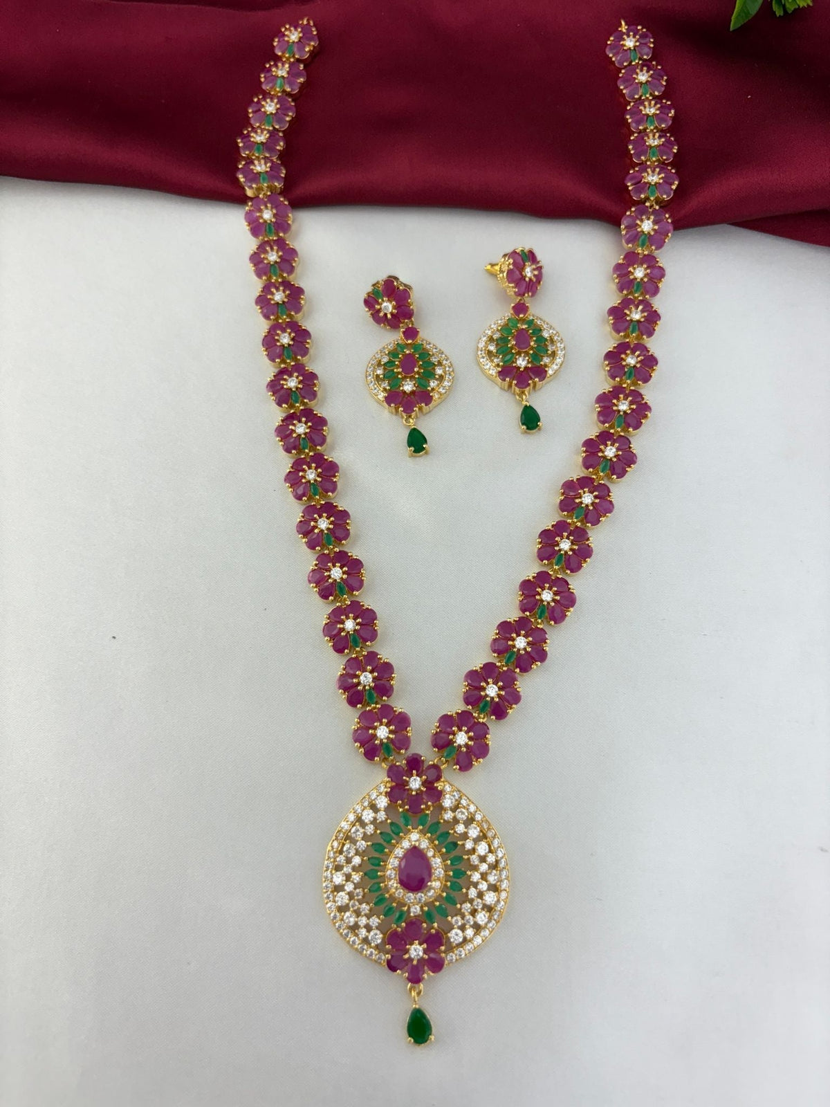 Ruby Emerald AD Long Necklace & Earring Set – complete traditional gold-plated AD necklace set with ruby and emerald – view 3