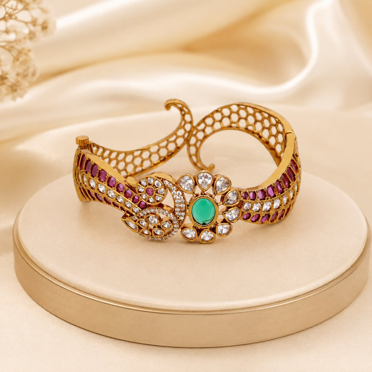 Ruby Emerald CZ Floral Openable Kada Bangle, front view