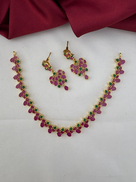 Ruby Emerald Mysore Silk Saree Short Necklace Set – Overall layout of the Mysore Vasantham short necklace with – front view