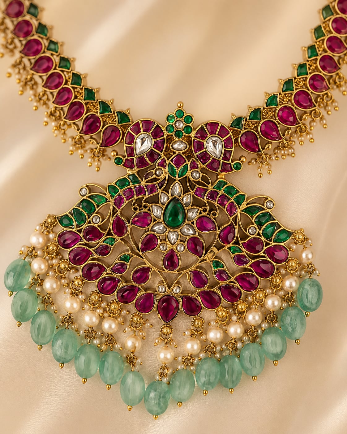 Ruby and Emerald Jadau Kundan Peacock Pendant Necklace for Wedding Functions – ruby green peacock motif jadau kundan – view 4