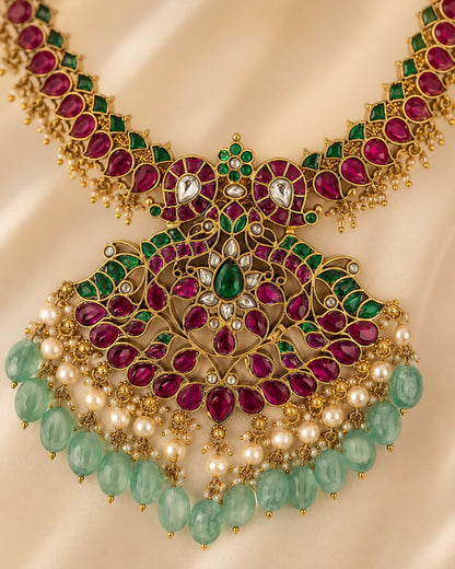 Ruby and Emerald Jadau Kundan Peacock Pendant Necklace for Wedding Functions – ruby green peacock motif jadau kundan – view 4