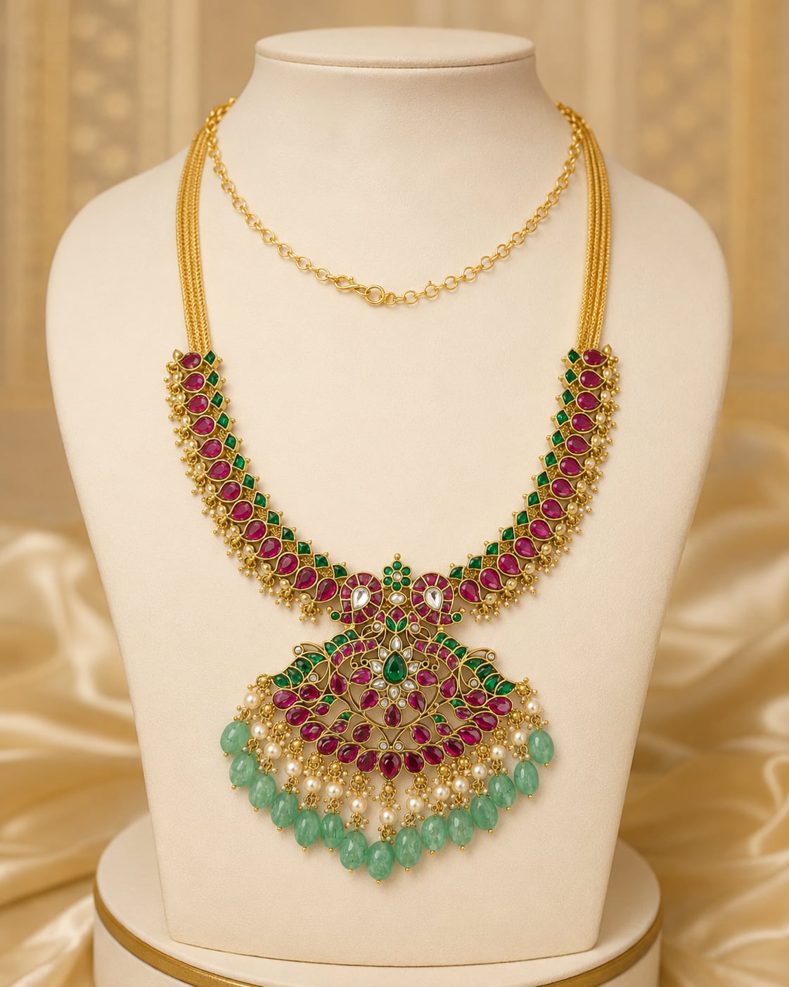 Ruby and Emerald Jadau Kundan Peacock Pendant Necklace for Wedding Functions – ruby green peacock motif jadau – front view