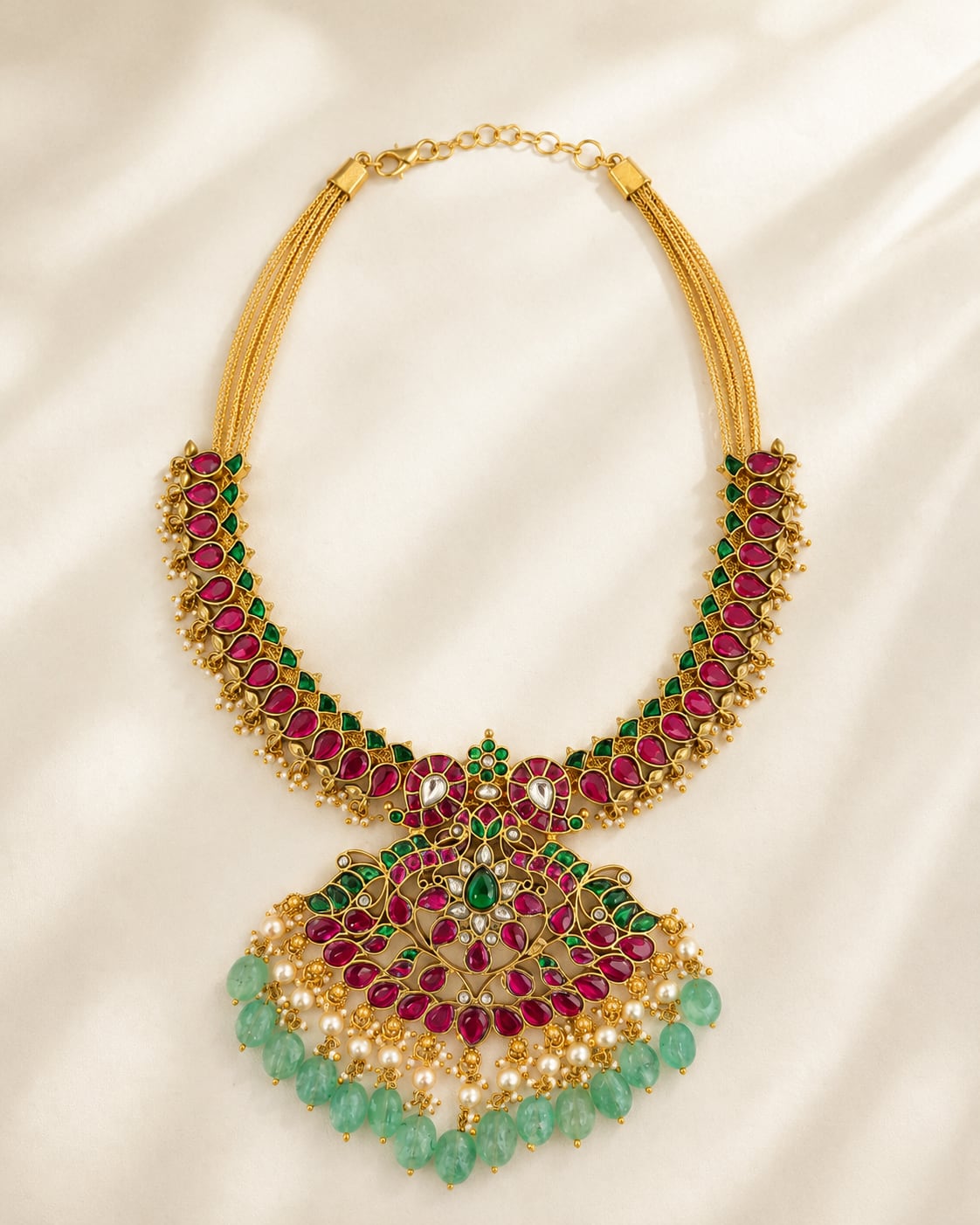 Ruby and Emerald Jadau Kundan Peacock Pendant Necklace for Wedding Functions – ruby green peacock motif jadau kundan – view 5