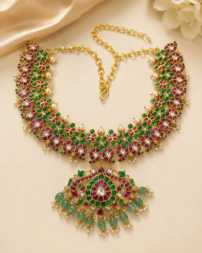 Ruby and Emerald Jadau Kundan Mango Motif Necklace with Pendant for Wedding Functions – ruby green mango motif jadau – view 5