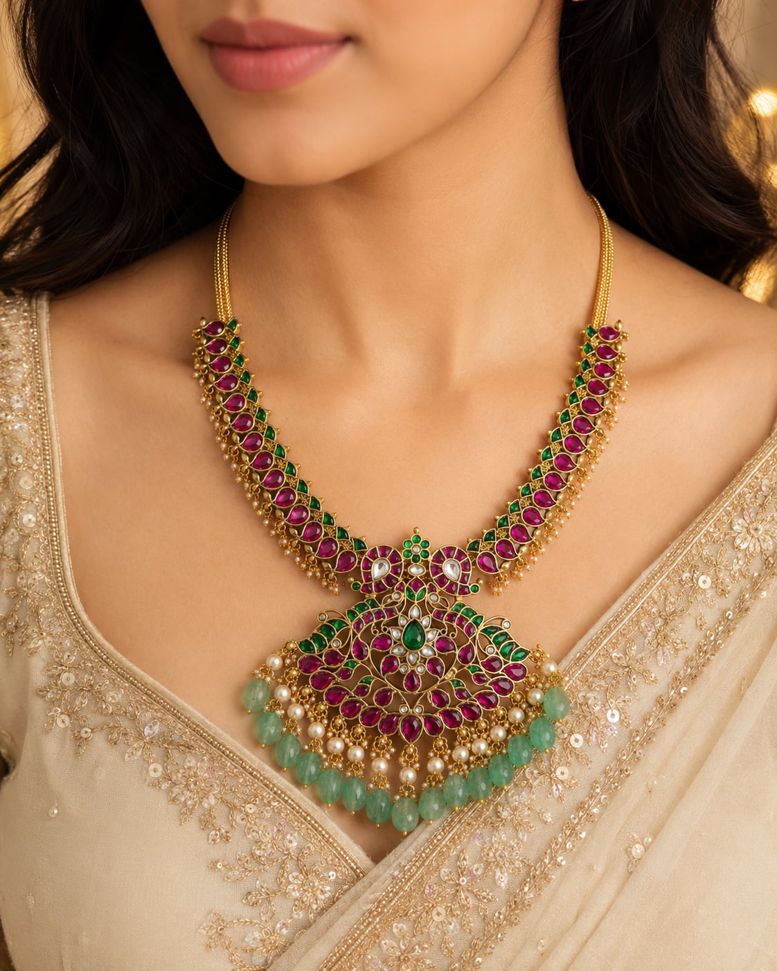 Ruby and Emerald Jadau Kundan Peacock Pendant Necklace for Wedding Functions – ruby green peacock motif jadau kundan – view 2
