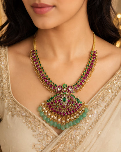 Ruby and Emerald Jadau Kundan Peacock Pendant Necklace for Wedding Functions – ruby green peacock motif jadau kundan – view 2