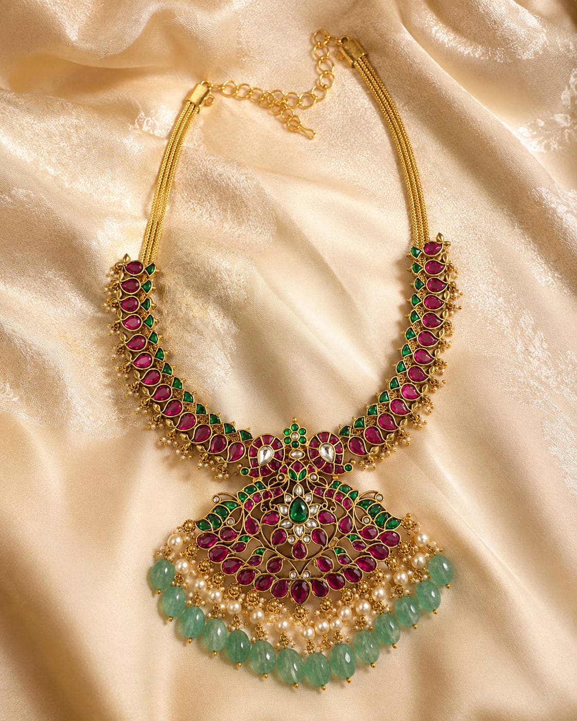Ruby and Emerald Jadau Kundan Peacock Pendant Necklace for Wedding Functions – ruby green peacock motif jadau kundan – view 3