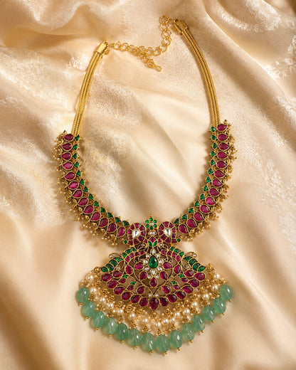 Ruby and Emerald Jadau Kundan Peacock Pendant Necklace for Wedding Functions – ruby green peacock motif jadau kundan – view 3