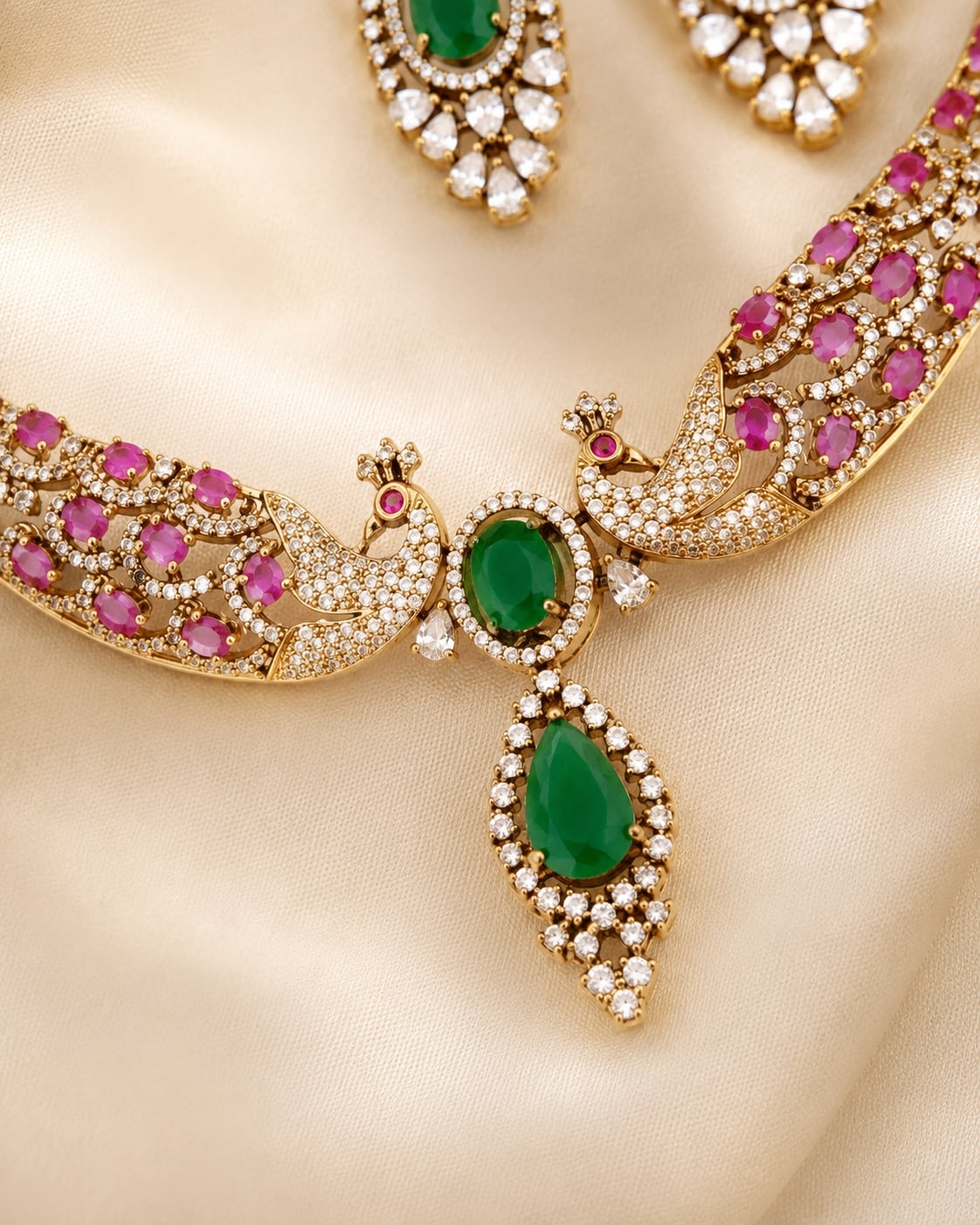 Ruby Emerald AD/CZ Peacock Necklace Set for Receptions – ruby and emerald necklace set with matching earrings – view 4