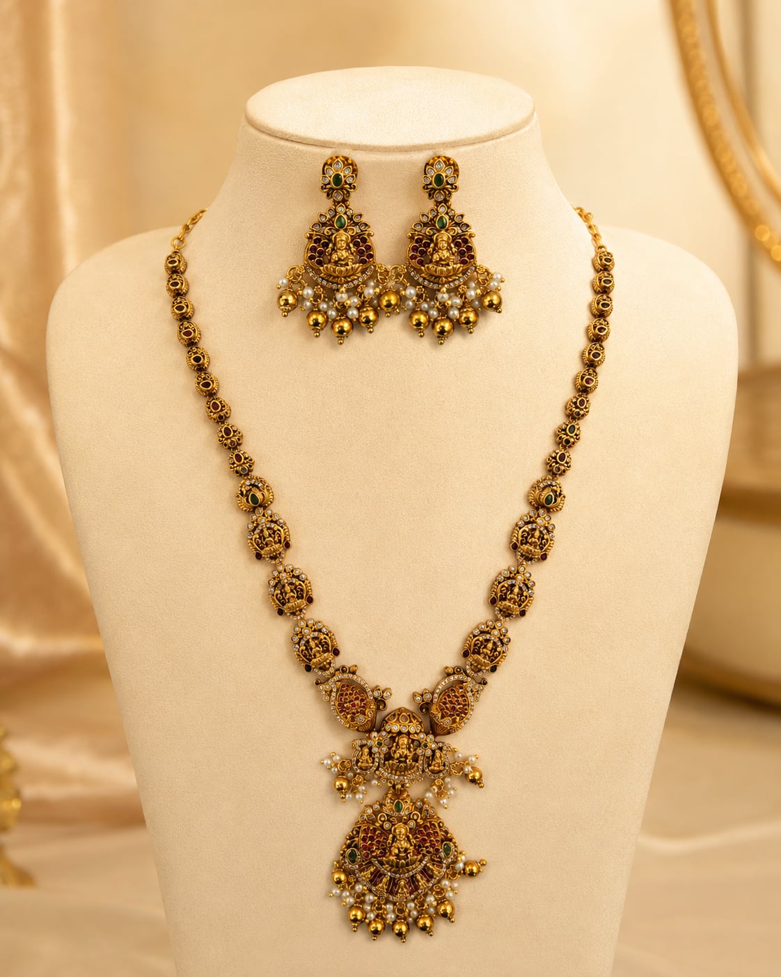 Goddess Lakshmi Ruby-Green Medallion 3D-Embossed Long Haram Necklace Set – ruby and emerald necklace set with – front view