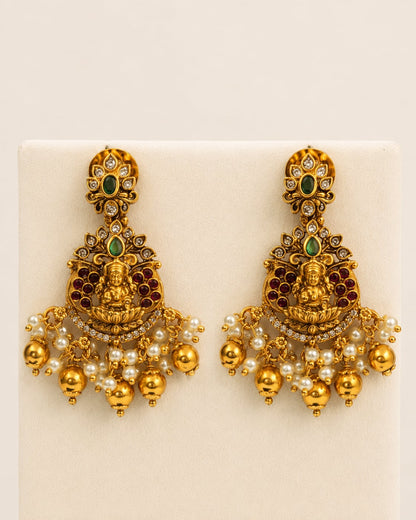 Goddess Lakshmi Ruby-Green Medallion 3D-Embossed Long Haram Necklace Set – ruby and emerald necklace set with – view 6