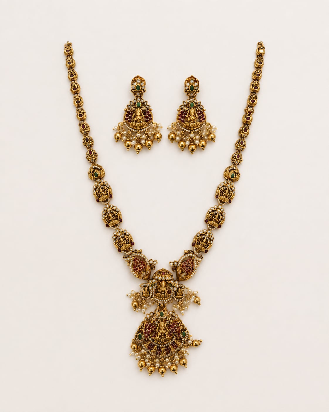 Goddess Lakshmi Ruby-Green Medallion 3D-Embossed Long Haram Necklace Set – ruby and emerald necklace set with – view 5