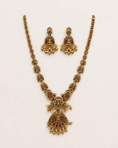 Goddess Lakshmi Ruby-Green Medallion 3D-Embossed Long Haram Necklace Set – ruby and emerald necklace set with – view 5