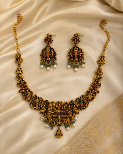 Ram Darbar 3D-Embossed Meenakari Temple Necklace Set for Festive Styling – ruby and emerald necklace set with – view 3