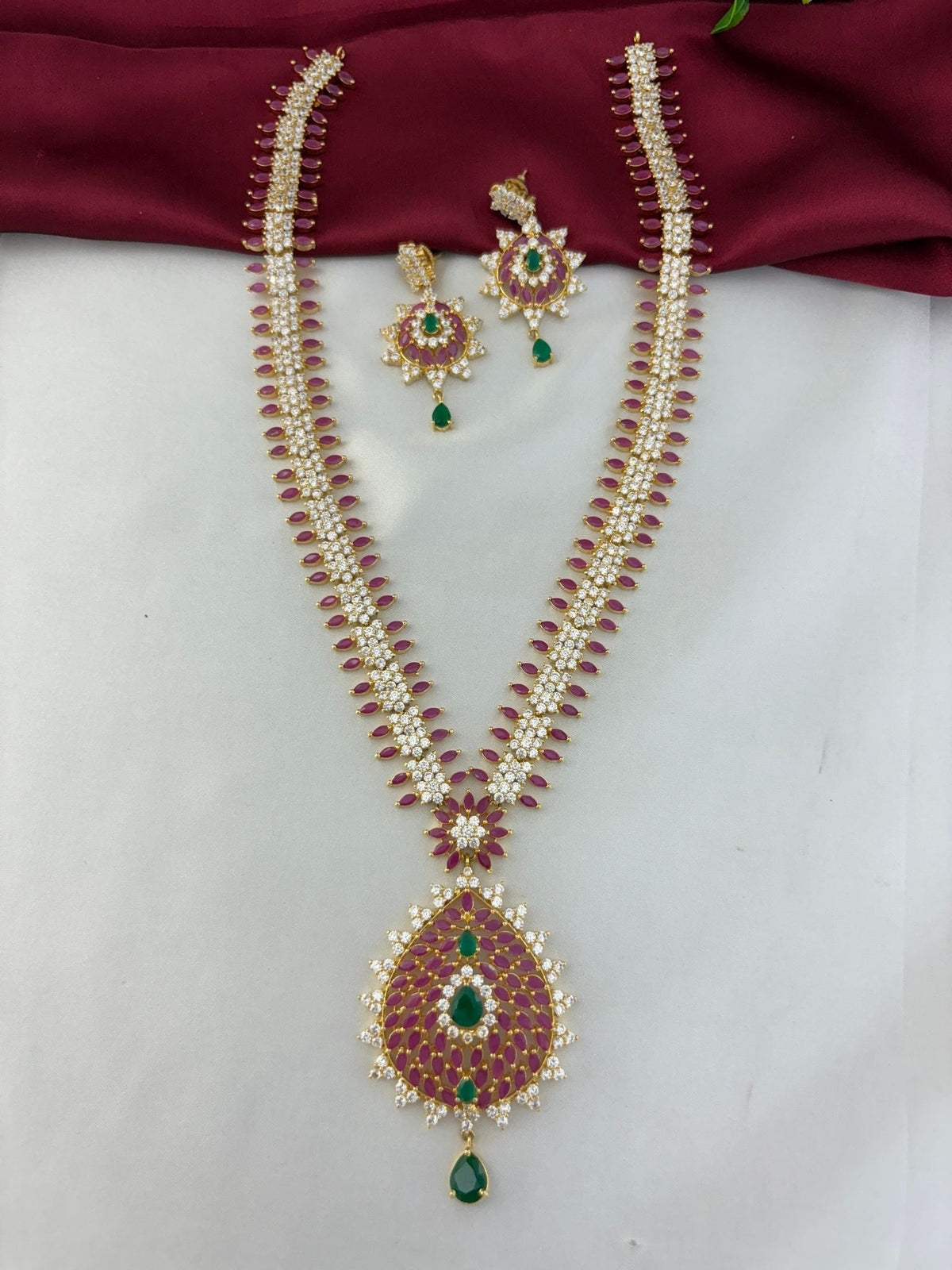 Ruby Emerald White AD Long Necklace & Earring Set – Monochrome Éclat Multi Color AD Long Necklace and Earring – front view