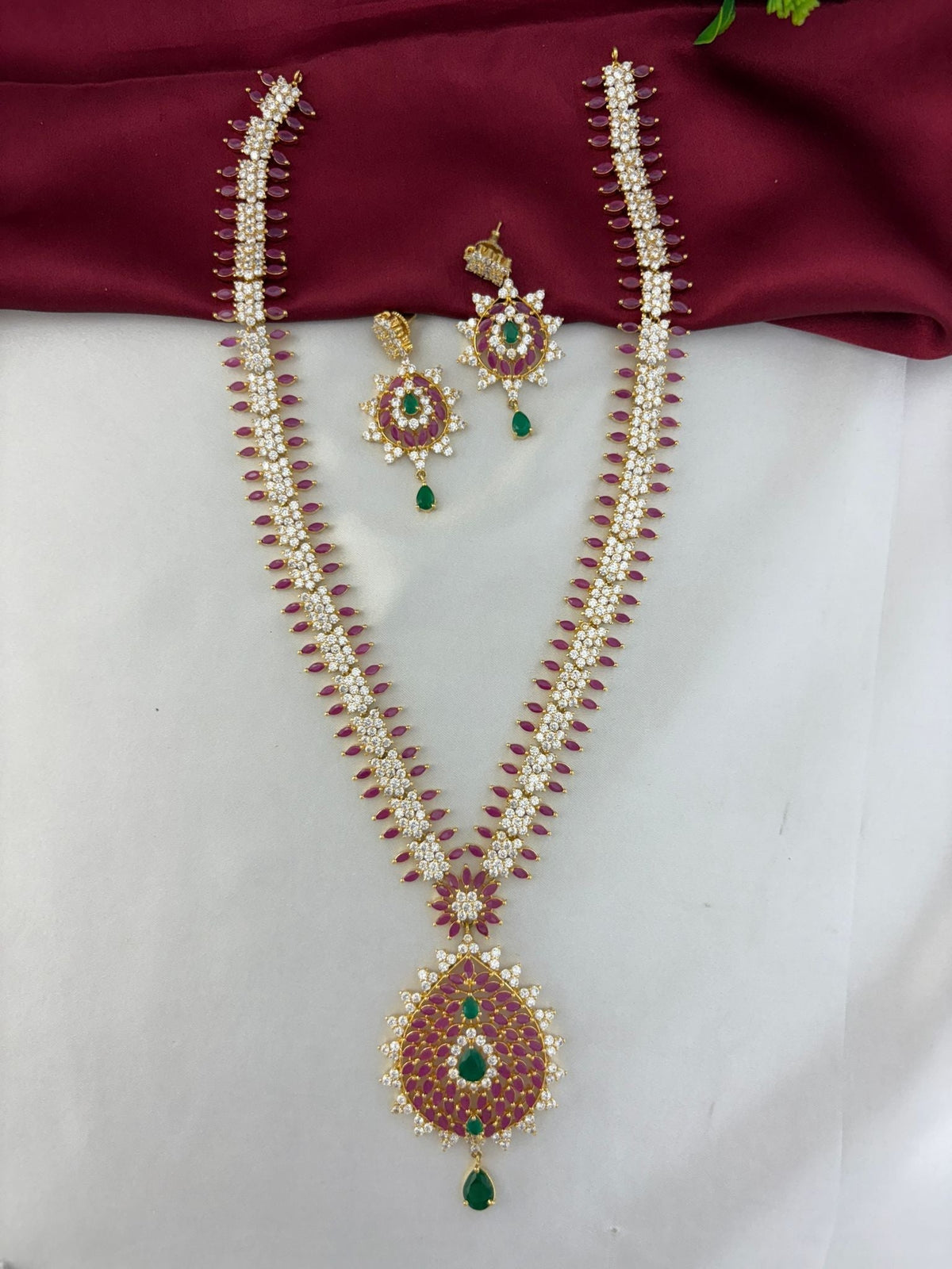 Ruby Emerald White AD Long Necklace & Earring Set – Monochrome Éclat Multi Color AD Long Necklace and Earring Set – view 3