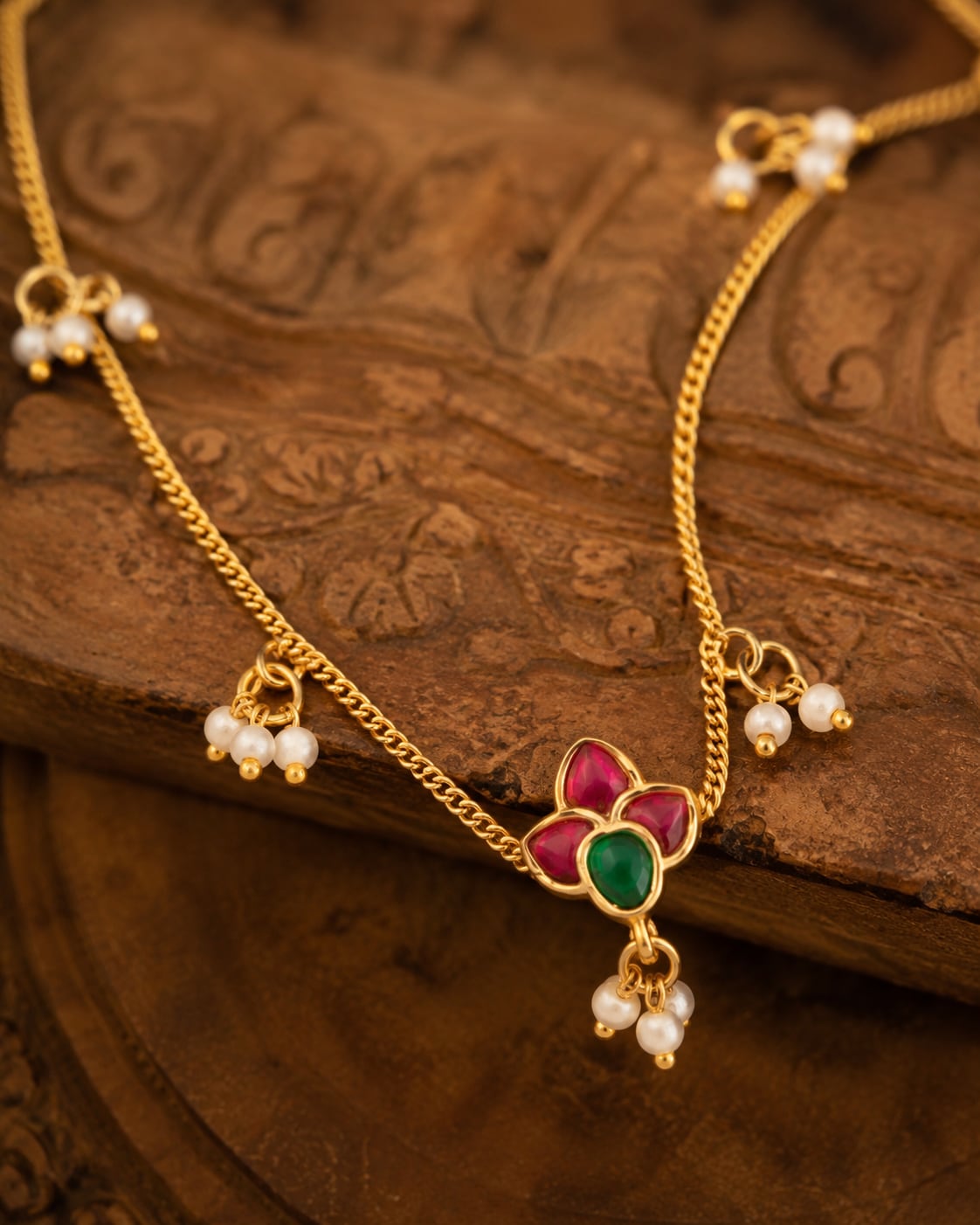 ruby green flower jadau kundan payal anklets a pair of anklets styled with saree fabric – view 3