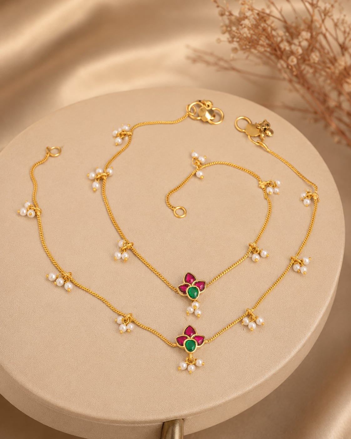 ruby green flower jadau kundan payal anklets a pair of anklets front view