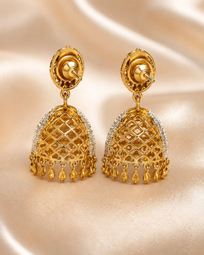 Ruby Ganga Jamuna CZ Jhumka Earrings with Leaf-Drop Fringe – ruby jhumka earrings rear view showing openwork – view 6