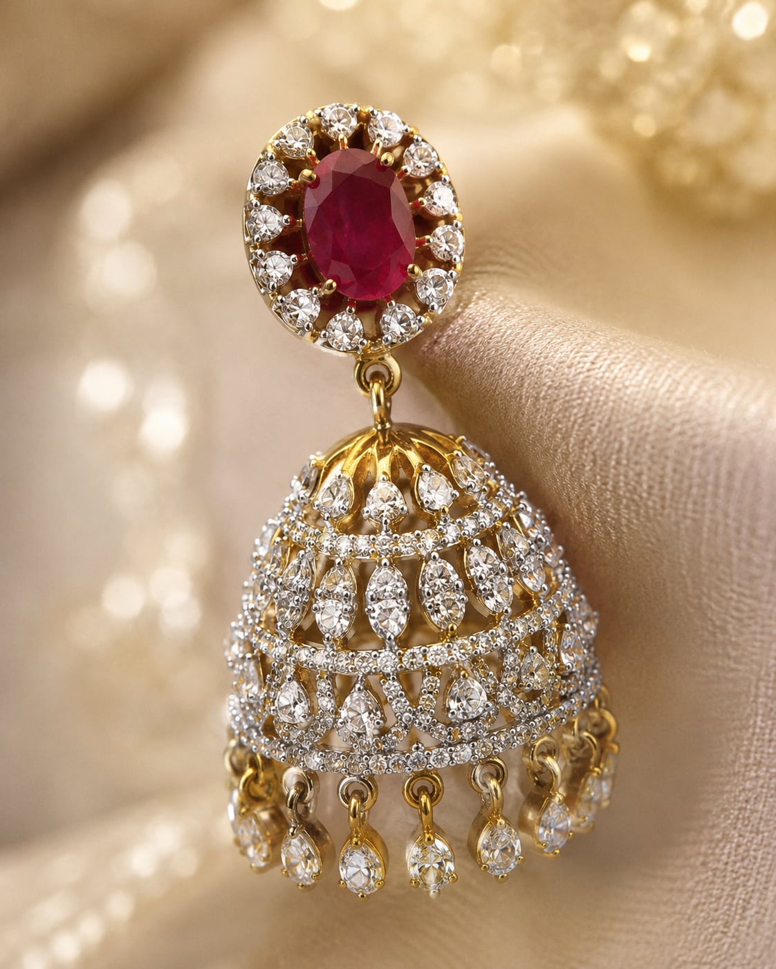 Ruby Ganga Jamuna CZ Jhumka Earrings with Leaf-Drop Fringe – ruby jhumka earrings stone setting, ear-chain or – view 4