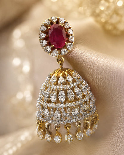 Ruby Ganga Jamuna CZ Jhumka Earrings with Leaf-Drop Fringe – ruby jhumka earrings stone setting, ear-chain or – view 4