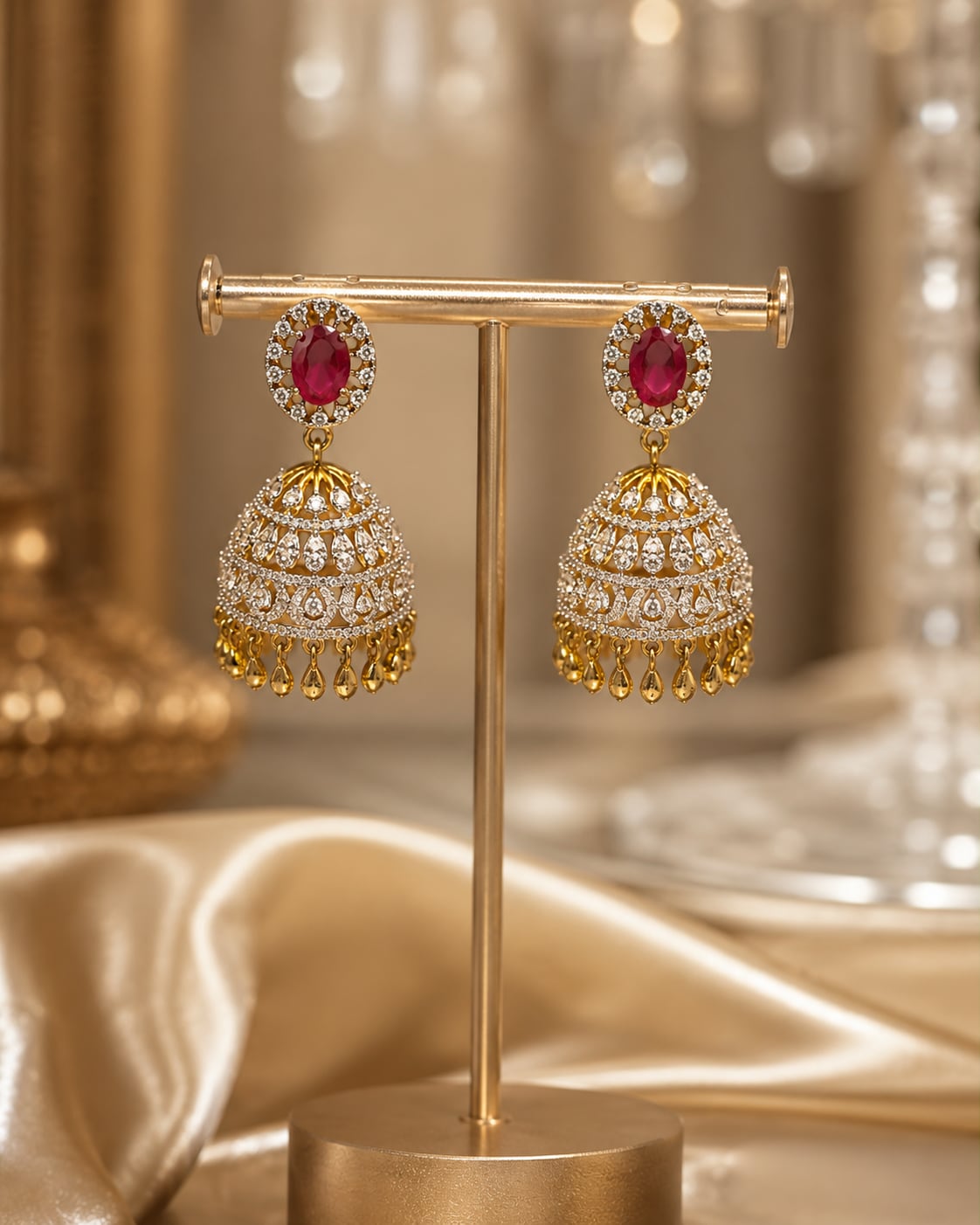 Ruby Ganga Jamuna CZ Jhumka Earrings with Leaf-Drop Fringe – ruby jhumka earrings on jewellery display – front view