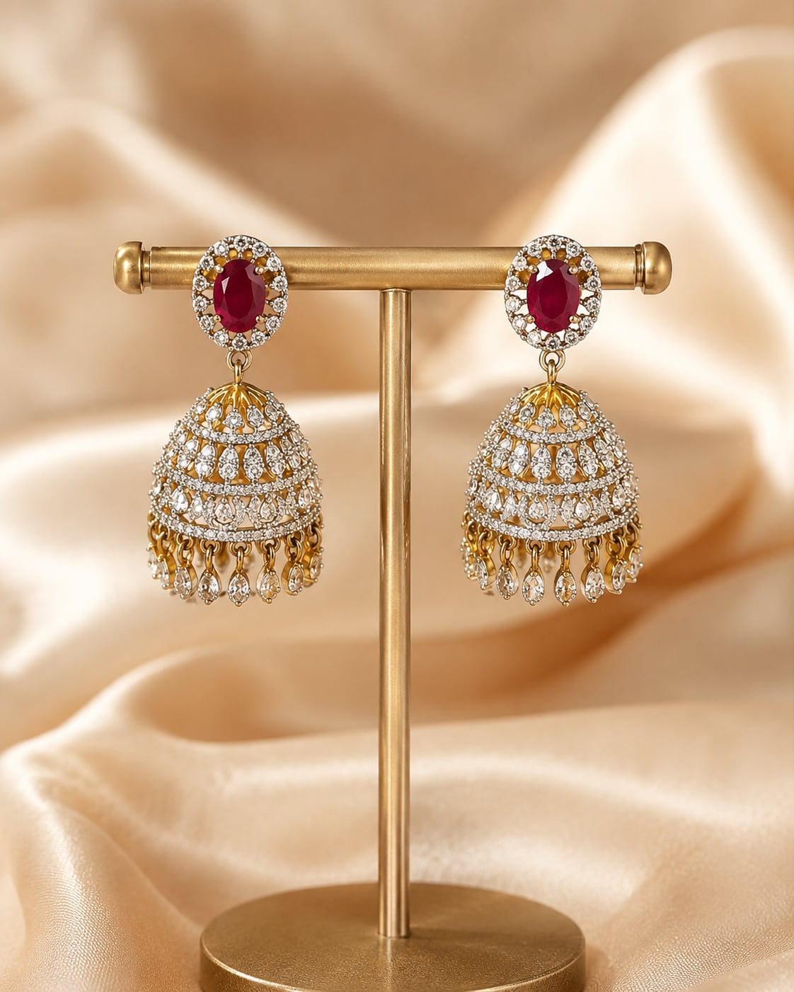 Ruby Ganga Jamuna CZ Jhumka Earrings with Leaf-Drop Fringe – ruby jhumka earrings for sarees, kurtas, and festive – view 5