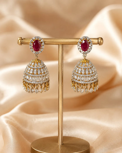 Ruby Ganga Jamuna CZ Jhumka Earrings with Leaf-Drop Fringe – ruby jhumka earrings for sarees, kurtas, and festive – view 5