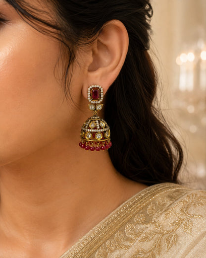 Ruby Rectangular Victorian-Style CZ Jhumka Earrings with Red Bead Fringe – ruby jhumka earrings styled with Indian – view 2