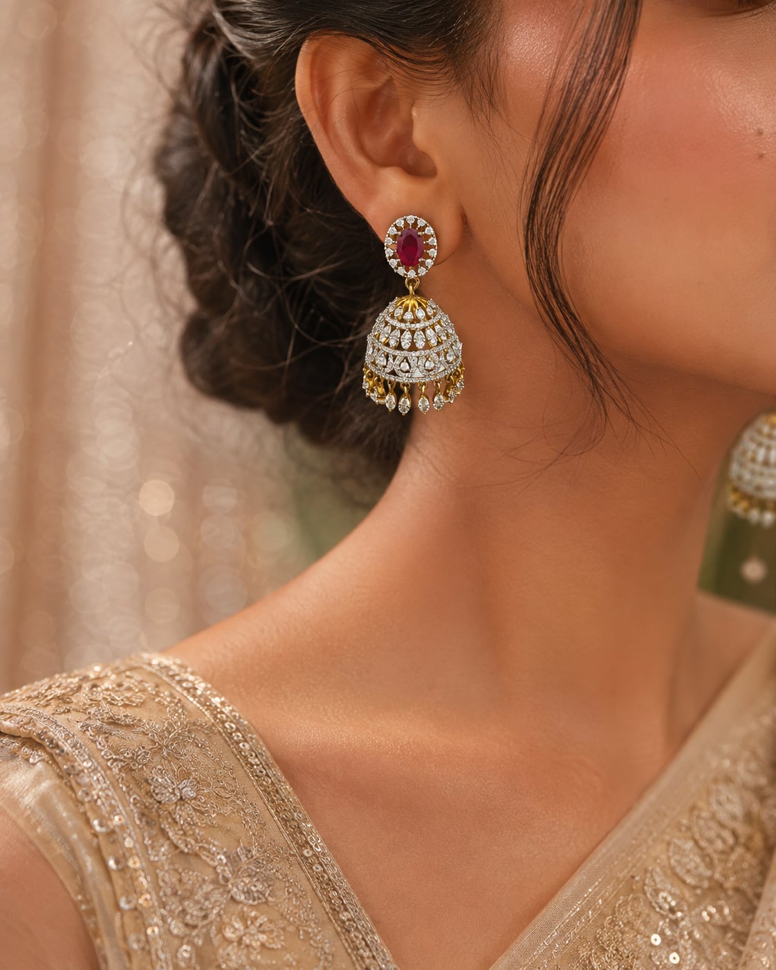 Ruby Ganga Jamuna CZ Jhumka Earrings with Leaf-Drop Fringe – ruby jhumka earrings styled with Indian occasion wear – view 2