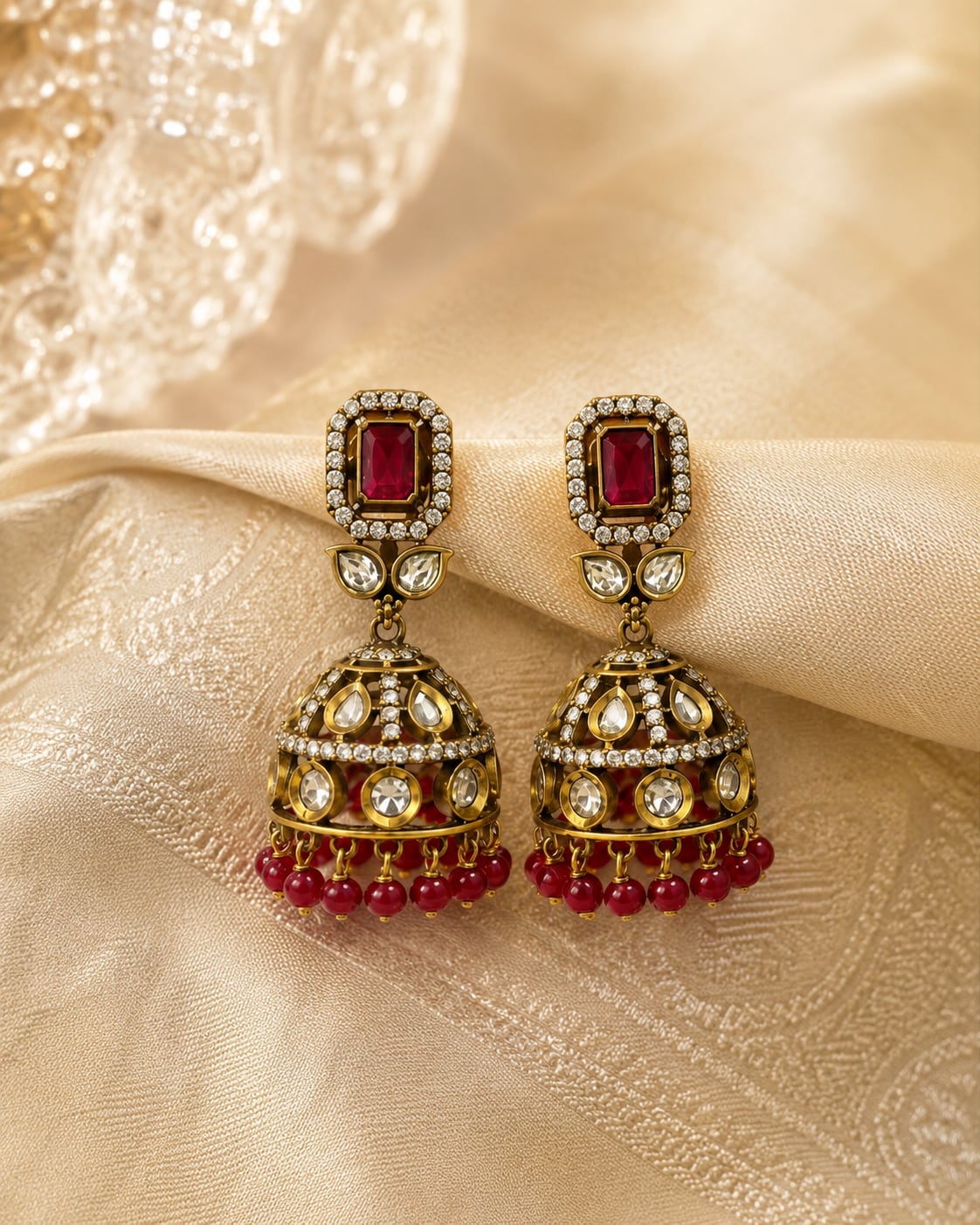 Ruby Rectangular Victorian-Style CZ Jhumka Earrings with Red Bead Fringe – ruby jhumka earrings styled with saree – view 3