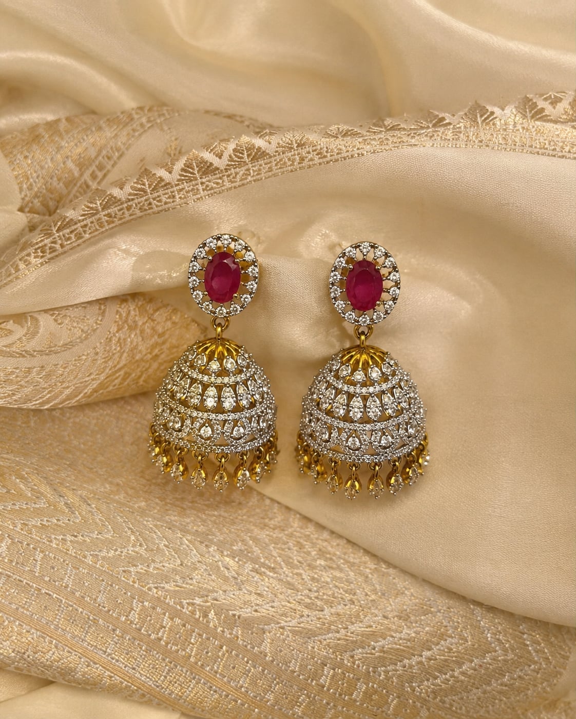 Ruby Ganga Jamuna CZ Jhumka Earrings with Leaf-Drop Fringe – ruby jhumka earrings styled with saree fabric for – view 3