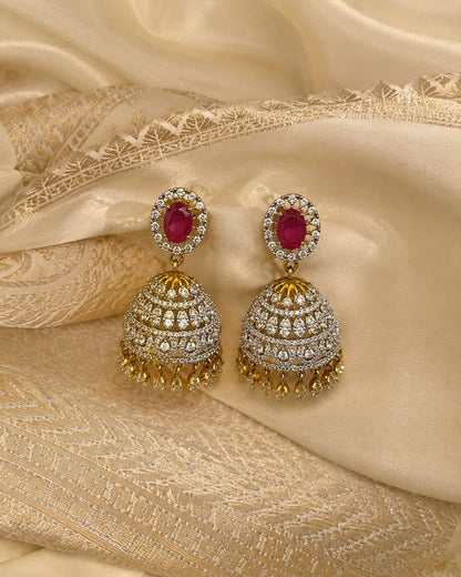 Ruby Ganga Jamuna CZ Jhumka Earrings with Leaf-Drop Fringe – ruby jhumka earrings styled with saree fabric for – view 3