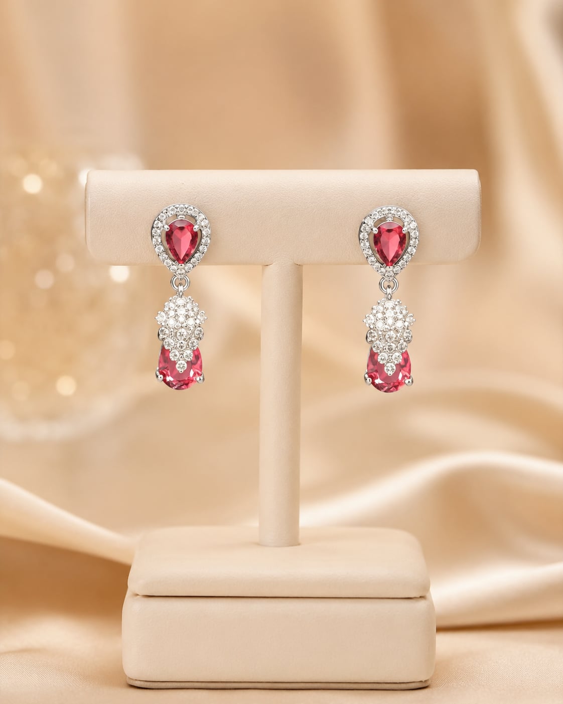 Petite Pink Silver Rhodium CZ Drop Earrings - display view – front view