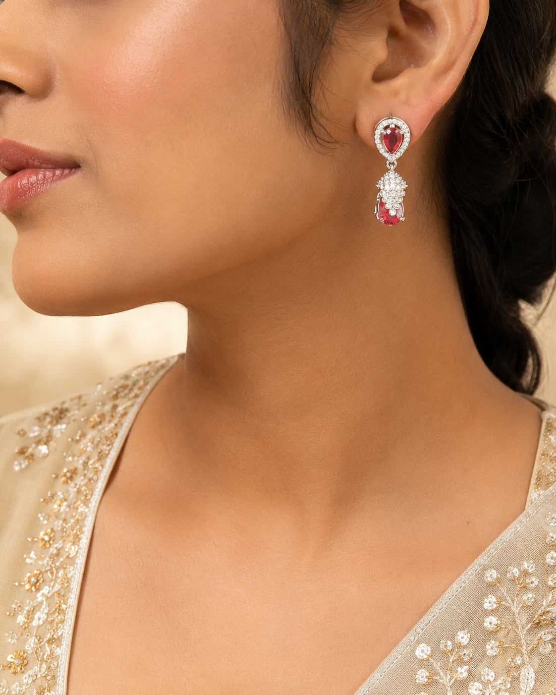 Petite Pink Silver Rhodium CZ Drop Earrings - model styling view – view 2