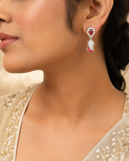 Petite Pink Silver Rhodium CZ Drop Earrings - model styling view – view 2