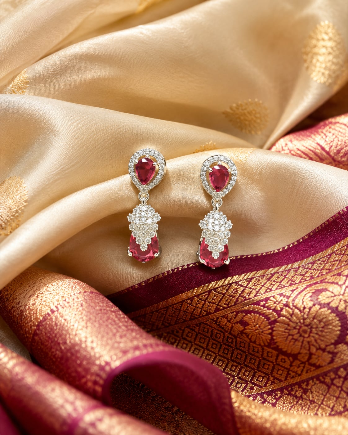 Petite Pink Silver Rhodium CZ Drop Earrings - silk styling view – view 3