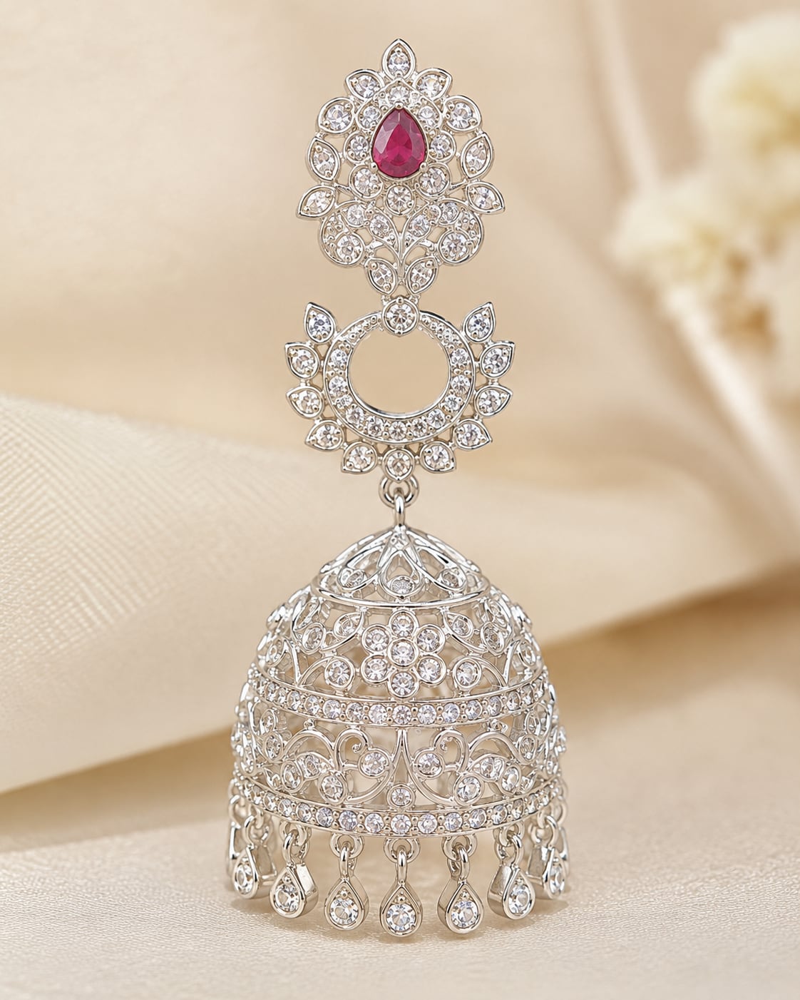Pink Silver Rhodium CZ Three Tier Jhumka Earrings - construction detail – view 4