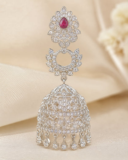 Pink Silver Rhodium CZ Three Tier Jhumka Earrings - construction detail – view 4